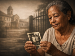 Foto pessoa olhando foto dos filhos pequenos