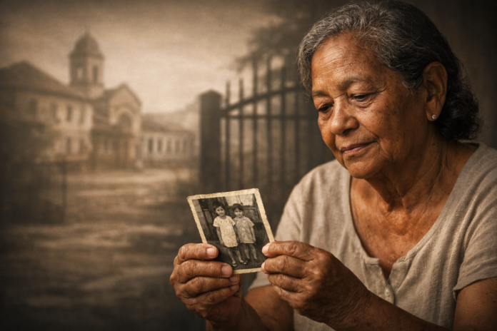 Foto pessoa olhando foto dos filhos pequenos