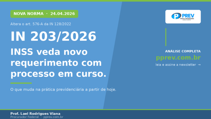 Capa PPrev sobre a IN 203/2026 do INSS que veda novo requerimento com processo em curso