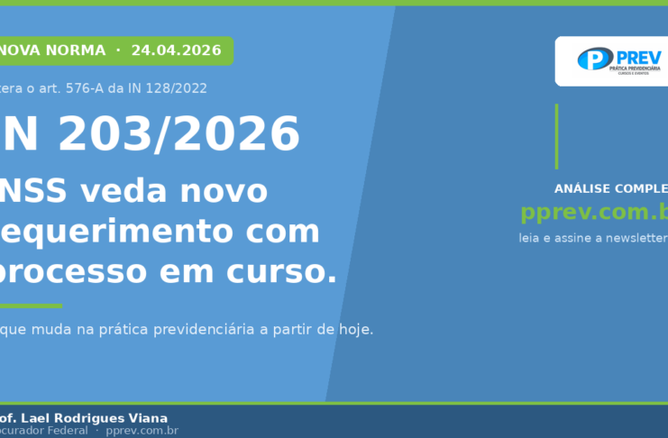 Capa PPrev sobre a IN 203/2026 do INSS que veda novo requerimento com processo em curso